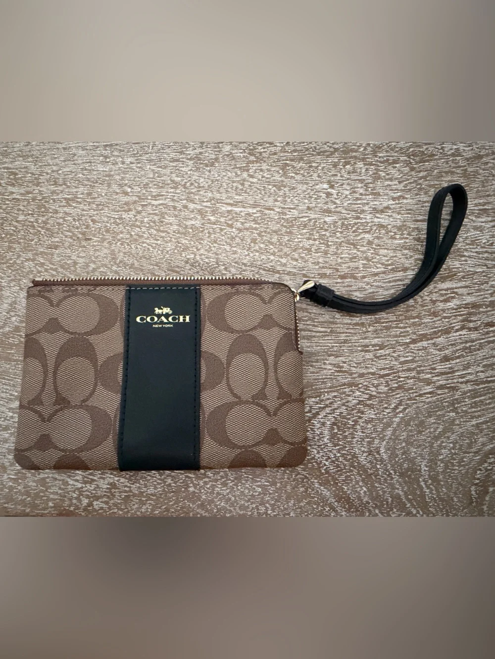 Coach Brown Signature Canvas Wristlet with Black Leather Accent
